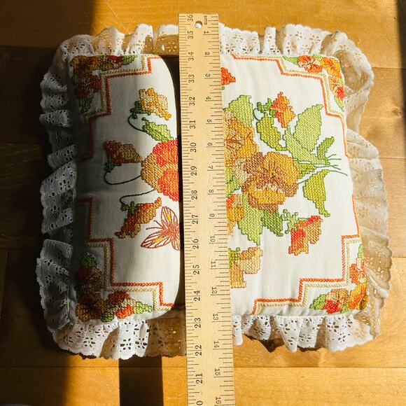 Finished Golden Bee Stamped Cross Stitch Kit Pansies Pillow 14”X 14” - Picture 9 of 9